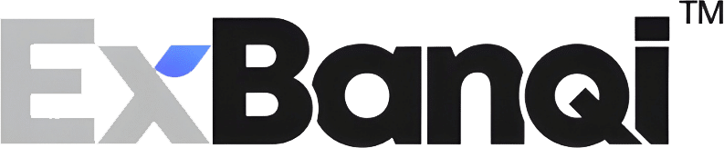 Logo with the word “ExBanqi”; “Ex” is gray with a blue accent on the "x", and “Banqi” is black in bold letters. The trademark symbol (™) appears at the top right corner.
