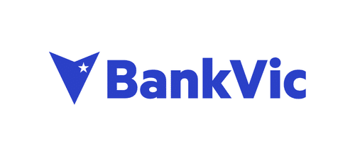 BankVic logo featuring a bold blue "BankVic" text next to a blue triangular emblem with a white star inside, all on a white background.