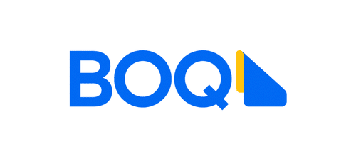 The image shows the BOQ logo in blue letters, with the letter "Q" featuring a yellow and blue triangular design on its upper right side. The background is white.