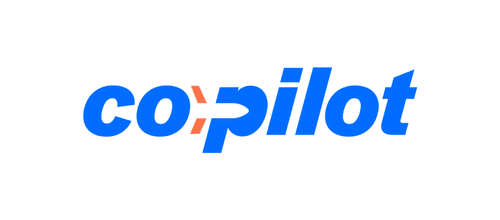 The word "copilot" is written in bold blue lowercase letters on a white background. The "i" is orange and stylized with an angle, resembling a forward slash, and the "o" has an orange curved line before it.