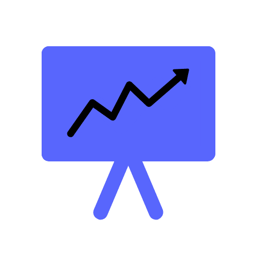 A blue presentation board on a stand displays a black upward-trending line graph with a zigzag pattern, indicating growth or positive progress.